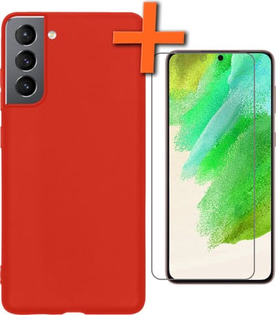Hoes - Met Screenprotector - Geschikt voor Samsung Galaxy S21 FE - Sterk & Shockproof - Back Cover - Siliconen Case - Telefoon Hoes - Rood