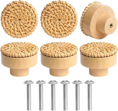 Houten Deurklinken, 6 Stuks Rotan Meubelknoppen, Boho Decoratieve Kasten, Houten Dressoir Knoppen, Ladeknoppen, Vintage Ladekastgrepen voor Keukenkasten, Deurknop, Kastgrepen 4 cm