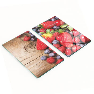 Set van twee glazen snijplanken met fruit- en bessenmotief, hout, 2x30x52 cm