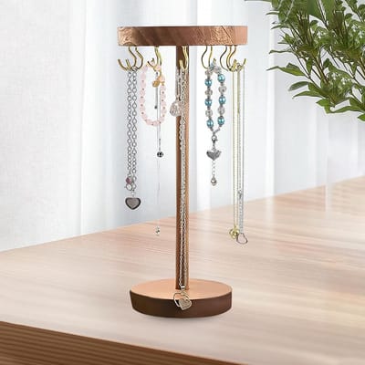 Houten sieradenstandaard met 12 haken voor het opbergen van kettingen, armbanden en accessoires, ideaal voor slaapkamer en make-uptafel