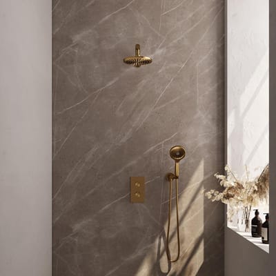 Brauer Gold Carving Thermostatische Regendoucheset Inbouw - Hoofddouche 20 cm - Rechte Wandarm - 3 Weg - Handdouche 3 Standen - Doucheslang - Wandaansluitbocht - Geborsteld Goud