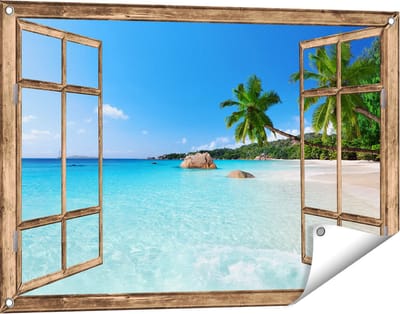 Gards Tuinposter Doorkijk Tropisch Strand en Zee - 90x60 cm - Tuindoek - Tuindecoratie - Wanddecoratie buiten - Tuinschilderij
