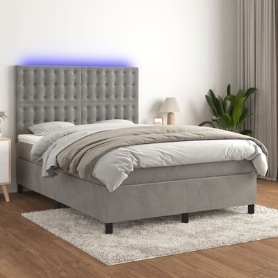 vidaXL - Boxspring - met - matras - en - LED - fluweel - lichtgrijs - 140x190 - cm
