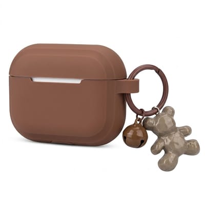 Khaki hoesje voor oordopjes dames met beer hanger en bel geschikt voor AirPods Pro 2 siliconen soft case beschermhoes met ring