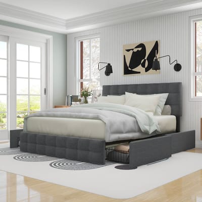Gestoffeerd bed met 4 lades - tweepersoonsbed met lattenbodem - opbergruimte onder het bed - in hoogte verstelbaar hoofdeinde & vierkant stikselontwerp - metalen lattenbodem - linnen materiaal (140*200 cm, grijs)-Matras niet inbegrepen
