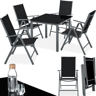 tectake® - Aluminium Tuinset - Zitgroep met 4 Tuinstoelen en 1 Tuintafel - Donkergrijs - Tuinmeubelset voor 4 Personen - Weerbestendig en UV-bestendig - Stoelen met verstelbare Rugleuning - Tuintafelset