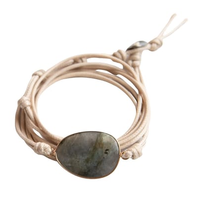 Marama - Wikkelarmband Labradoriet Lichtbruin Waxcord - vegan - unisex - 80 cm - cadeautje voor hem en haar