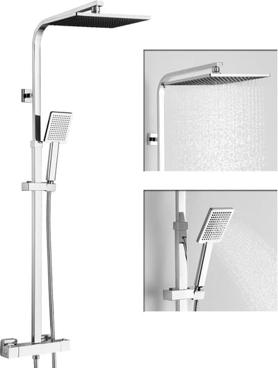 Auralum Max Regendouche Met Thermostaatkraan - Doucheset - Douche Regendoucheset - Vierkant met Handdouche - Regendouchekop - Waterbesparend - Chroom