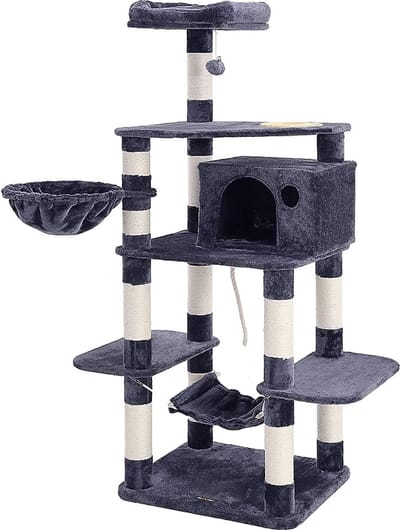 FurnStar - Kattenboom - Krabpaal met voerbak - Meerdere niveaus - Sisal krabpalen - 90 x 92 x 174 cm - Donkergrijs