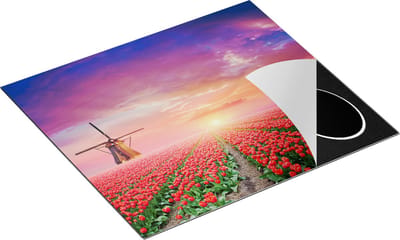 Chefcare Inductie Beschermer Rode Rozen Bloemenveld met een Windmolen - 60x50 cm - Afdekplaat Inductie - Kookplaat Beschermer - Inductie Mat