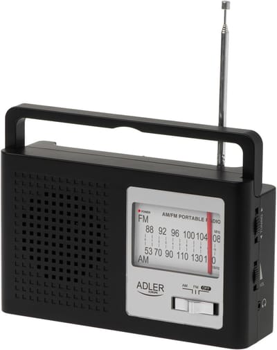 Draagbare AM/FM radio met grote draaiknop, telescopische antenne en AUX-ingang