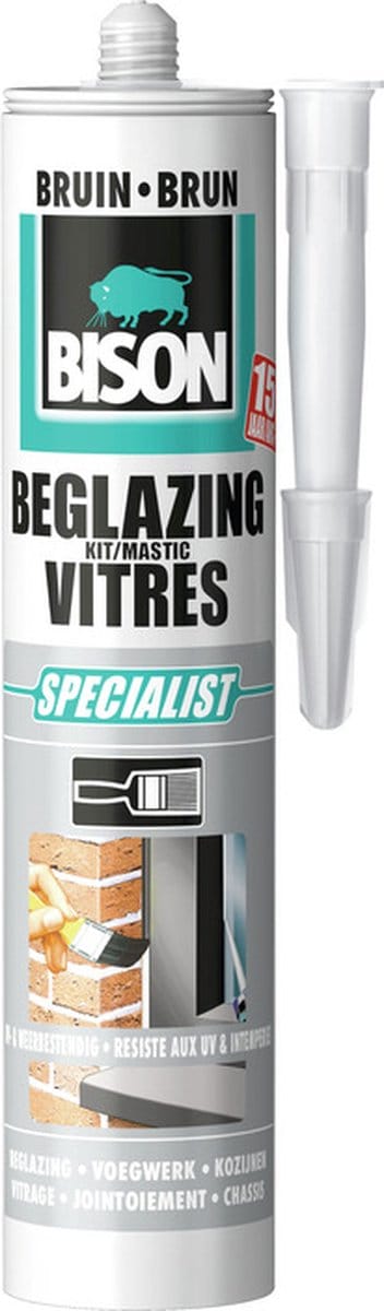 Bison Beglazingskit Bruin Koker 290 ml, overschilderbaar, waterbestendig, afdichtingskit, voor voegen bij enkel- en dubbelglas, binnen en buiten toepasbaar