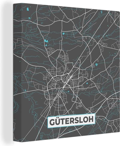 Canvas Schilderij Stadskaart – Kaart – Gütersloh – Blauw – Duitsland – Plattegrond - 20x20 cm - Wanddecoratie