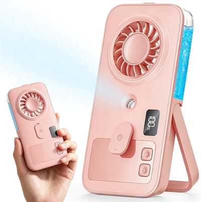 Draagbare mini-vernevelingsventilator – kleine, krachtige persoonlijke koelventilator met verneveling en koude luchtstroom; slank, licht en inklapbaar- oplaadbaar, 4 snelheden, met waterspray-geschikt voor in de hand of op het bureau- roze.