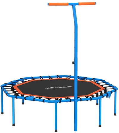 Fitness-trampoline (Blauw, 128 x 120 x 98–126 cm), 5-traps verstelbare handgreep voor extra veiligheid en comfort, 8 mm bungeekoorden voor stille en gewrichtsvriendelijke training, inklapbaar tot ca. 90 x 40 cm voor eenvoudige