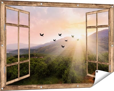 Gards Tuinposter Doorkijk Silhouet Zwerm Vogels bij Zonsondergang - 120x80 cm - Tuindoek - Tuindecoratie - Wanddecoratie buiten - Tuinschilderij