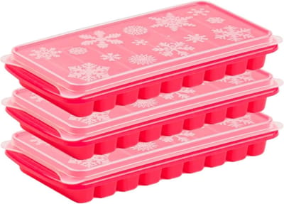 Plasticforte Tray met Flessenhals ijsblokjes/ijsklontjes - 3x stuks - ijsblok staafjes vormpjes - 10 vakjes - kunststof - roze - met afsluit deksel