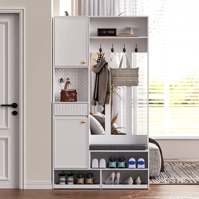 Pugsdrly Garderobeset, complete garderobe voor de hal met bankje, 4 haken, deuren en lades - wit, compacte afmetingen 100 × 180 × 35 cm (B × H × D)