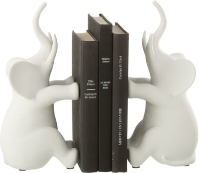 J-Line boekensteun Olifant Zittend - polyresin - wit - set van 2