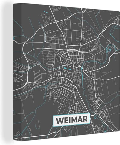 Canvas Schilderij Blauw – Duitsland – Plattegrond – Stadskaart – Kaart – Weimar - 20x20 cm - Wanddecoratie