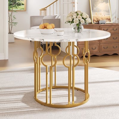 PHOEBE CAT Ronde Eettafel - Marmerlook - Metalen poten - MDF-tafelblad - Wit + Goud