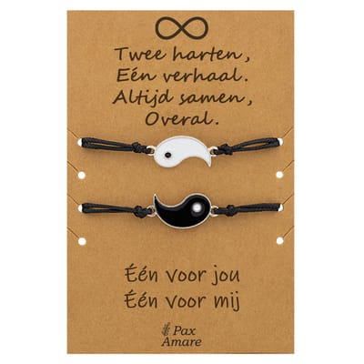 Vriendschapsarmbandjes voor 2 " Twee Harten, Een Verhaal ∞" - Yin Yang - BFF Armbandjes met Persoonlijk Cadeau Kaartje - Zilverkleurig - Elastisch Verstelbaar - Pax Amare
