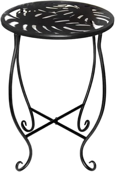 Buiten bijzettafel - Terrastafel metalen - Drankjes serveren - Monstera patroon - 20 cm rond - Zwart