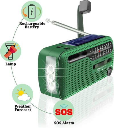 oCreon Kurbelradio Solar FM/AM/SW - Oplaadbare Batterij - LED Lamp - Powerbank voor Kamperen (Outdoor)