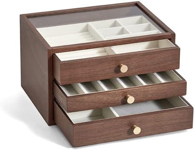 Juwelendoos Drie Lagen - Sieraden Organizer - Sieraden Opbergen - Glazen Deksel - 26 x 19.5 x 16cm - Houtkleur