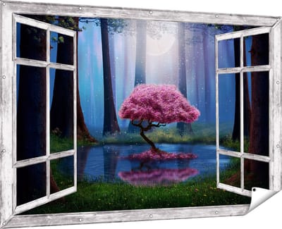 Gards Tuinposter Doorkijk Roze Boom op een Vijver in de Nacht - 180x120 cm - Tuindoek - Tuindecoratie - Wanddecoratie buiten - Tuinschilderij