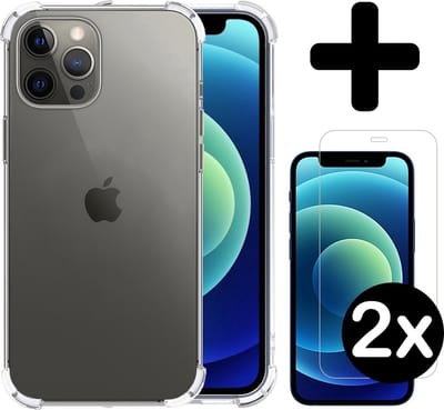 Hoesje - Met Screenprotector - 2 Stuks - Geschikt voor Apple iPhone 12 Pro - Sterk & Shockproof - Siliconen Case - Back Cover - Telefoon Hoes - Shock Proof - Telefoonhoesjes - Transparant