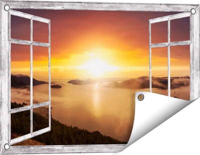 Gards Tuinposter Doorkijk Zonsondergang in de Bergen met Wolken - 60x40 cm - Tuindoek - Tuindecoratie - Wanddecoratie buiten - Tuinschilderij