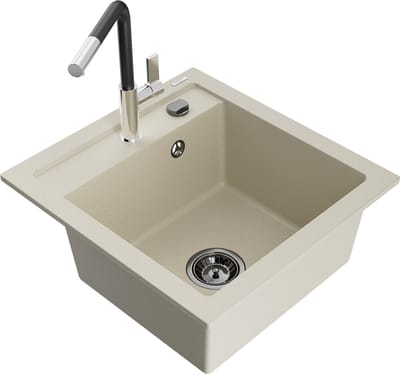 Mexen Vito granieten gootsteen met 1 bak en Flora keukenmengkraan, beige - 6503-69-670401-07-B