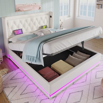 DESMIU Gestoffeerd Bed 140x200 cm – USB En Type C In Hoofdbord – Hydraulisch Opbergvak En 3-Zijdige Ledverlichting – Tweepersoonsbed – PU – Wit – Zonder Matras