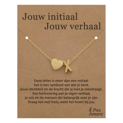 Letter X ketting op Cadeau Kaartje - Jouw initiaal, jouw verhaal - 45cm Goudkleurig Stainless Steel - Initiaal & Hartje Hanger - Pax Amare