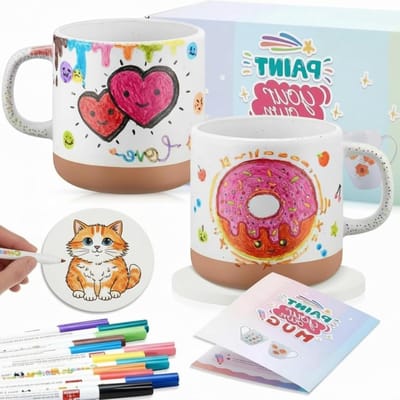 Set van 2 witte keramische mokken voor schilderen met 2 onderzetters en 12 porseleinen markers, creatieve DIY cadeau set voor leraren en hobbyisten, ideaal voor persoonlijke ontwerpen