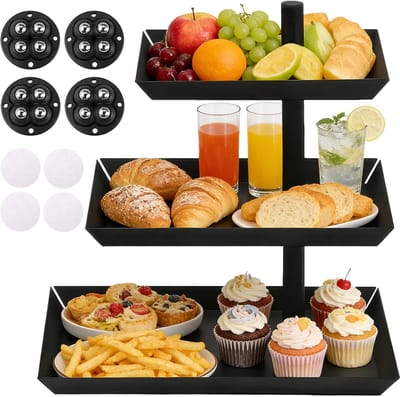 Dailygoods - Fruitetagère, 3 verdiepingen, 24,7 x 15,8 x 26,6 cm, 360° draaibare etagère, 3 etages, zwart, voor entertainment, etagère fruit, 3 verdiepingen, met meubelwielen, zelfklevend, voor desserts, cake