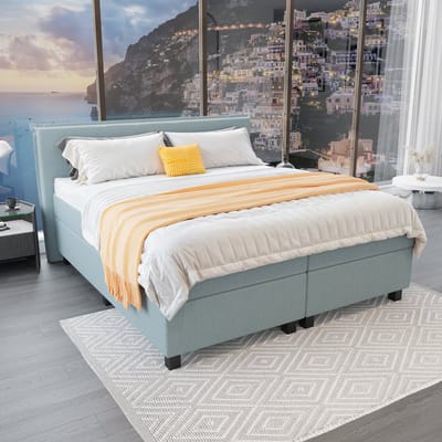 Mörgenn Boxspring Capri - Pocketvering Boxen en matrassen - Luxe 12cm topper - IJsblauw - 90x200 cm - Inclusief Dekbed en Kussens