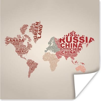 Poster 30x30 cm - Wereldkaart - Kleuren - Letters - Posters - Kamer decoratie - Wanddecoratie woonkamer - Muurdecoratie slaapkamer