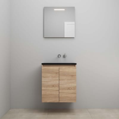 On-Line Badkamermeubelset - 60 cm - Bouwpakket - Greeploze Ladestructuur - Acryl Wastafel - zonder Kraangat - Spiegel met LED-Verlichting - Eiken