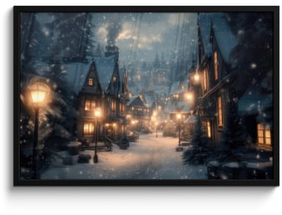 Poster in lijst - Fotolijst 90x60 cm - Posters - Winterdorp - Sneeuw - Donker - Posterlijst zwart - Decoratie - Wanddecoratie woonkamer - Muurdecoratie slaapkamer