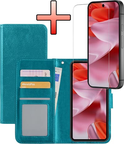 Hoesje - Met Screenprotector - Geschikt voor Google Pixel 9 - Luxe Pasjeshouder - Bookcase Portemonee - Flip Case - Kunstleer Book Case - Flipcase - Book Cover - Walletcase - Portemonneehoes - Turquoise