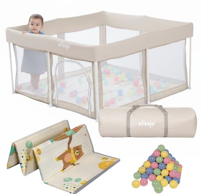 Elissio® -Grondbox Baby - Inklapbare Speelbox met Dubbelzijdige Speelmat & 50 Ballen - Kruipbox - Kinderbox - Playpen Baby - 125x125x65 CM - Beige