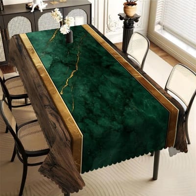 Luxe Groen Marmer & Houtnerf Tafelkleed met Gouden Rand, Golvende Rand, Vlekbestendig, voor Eetkamer & Elegante Woondecoratie 100x140cm