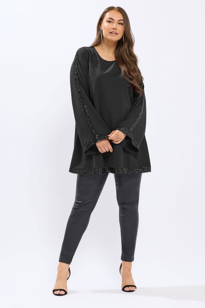 Yours Zwarte Tuniektop Met Pailletten En Uitlopende Mouwen Size 42