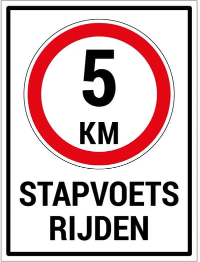 Stapvoets rijden 5 km bord met tekst | gecoat dibond materiaal | 20 x 15 cm