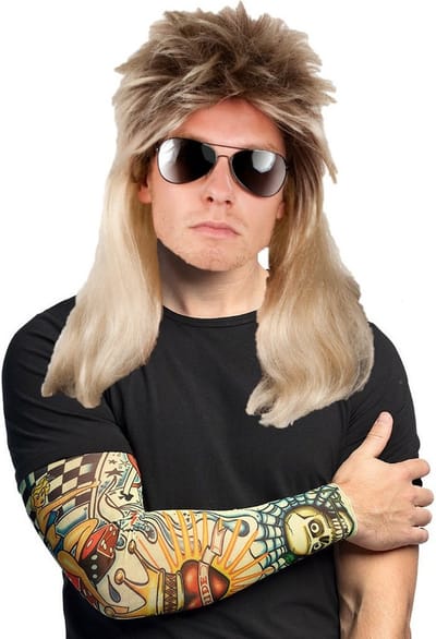 Boland Rocker/Biker verkleedset heren - wilde carnaval verkleed pruik - met 2 Tattoo sleeves Lucky gambler