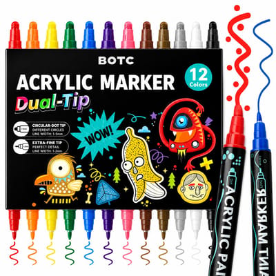 BOTC Stiften - 12 Acrylstiften Dual Tip - Twinmarkers - Verfstiften Happy Stones - Dual-Tip markers - 12 kleuren Verfstiften set - Acryl Stiften - Zwart