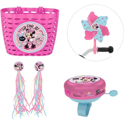 Minnie Mouse fietsset; mand, fietsbel, franjes en molen