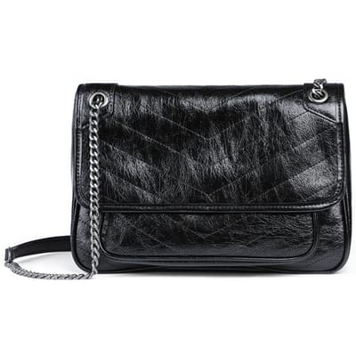 Dames Tas Leer Keten Tas Enkele Schouder Ins Crossbody Messenger Tas Olie Was Leer Hobo Tas 28.5*8.5*20（cm） zwart